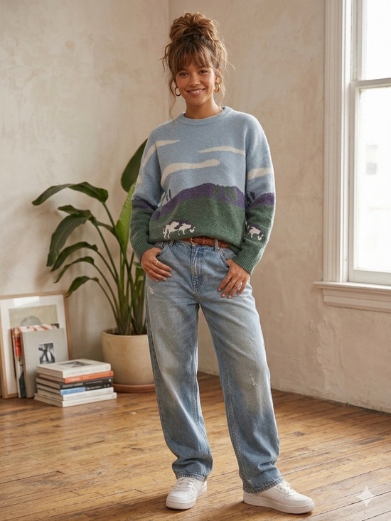 Sweaters - Scenic Prairie Cow Pattern Knit Sweater Size Large